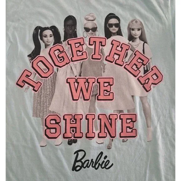 Barbie Shirt Top Women's Small Blue Multicolor Together We Shine Barbiecore NEW - Picture 2 of 6